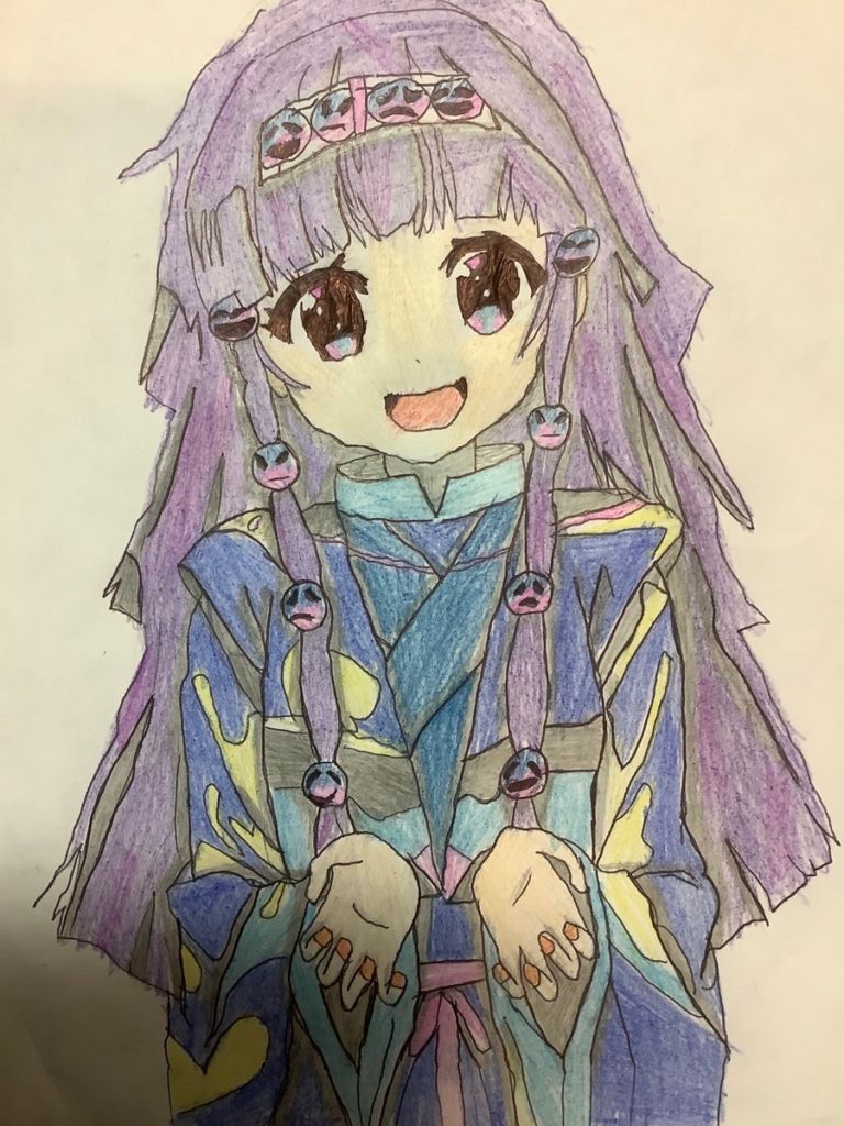 A hand-drawn anime character, with long purple hair and her hands spread in front of her
